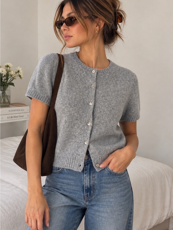 Kimchi Blue Sweaters - Kimchi Blue Anthropologie Gray Short Sleeve Cardigan Sweater L